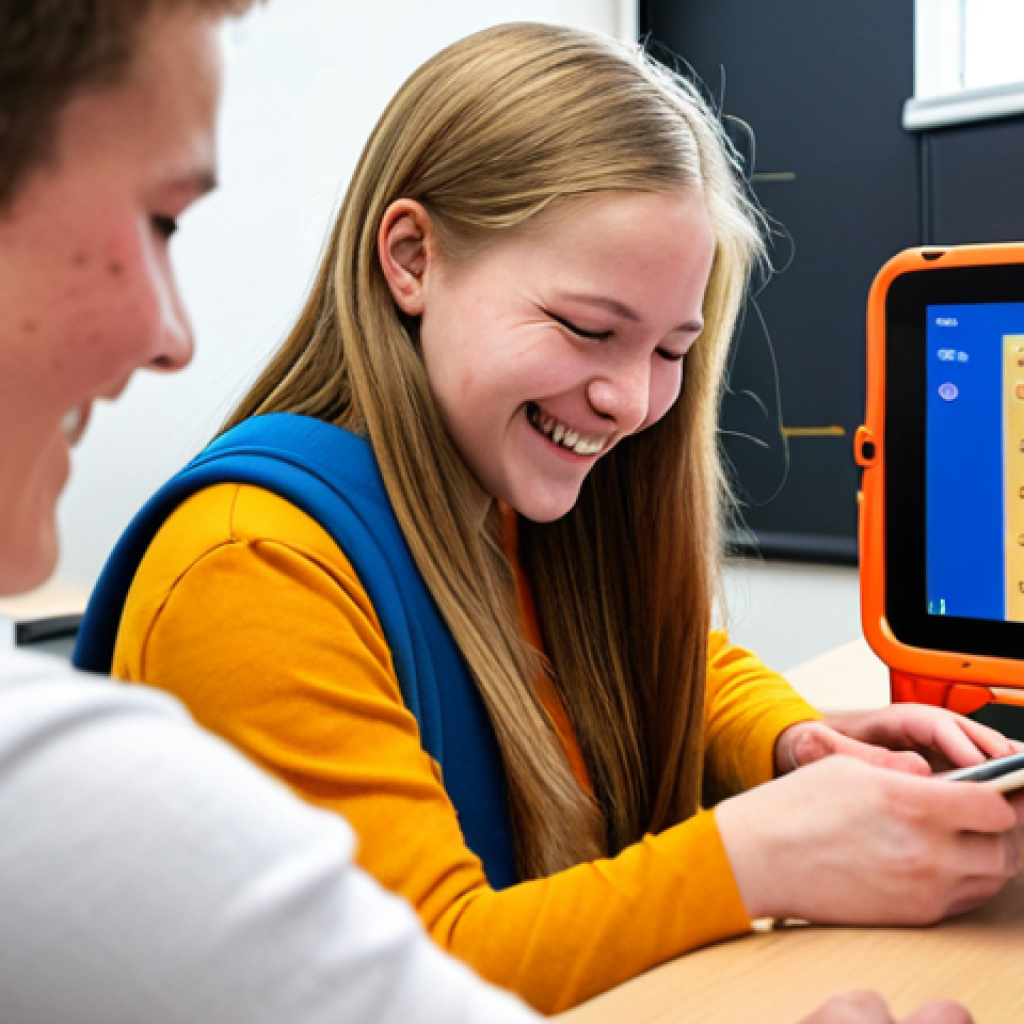 A visually impaired student in a modern Dutch classroom using a tablet with text-to-speech software. The student is smiling and engaged, highlighting the accessibility benefits of the technology. The background shows other students working collaboratively. The overall tone is positive and empowering.