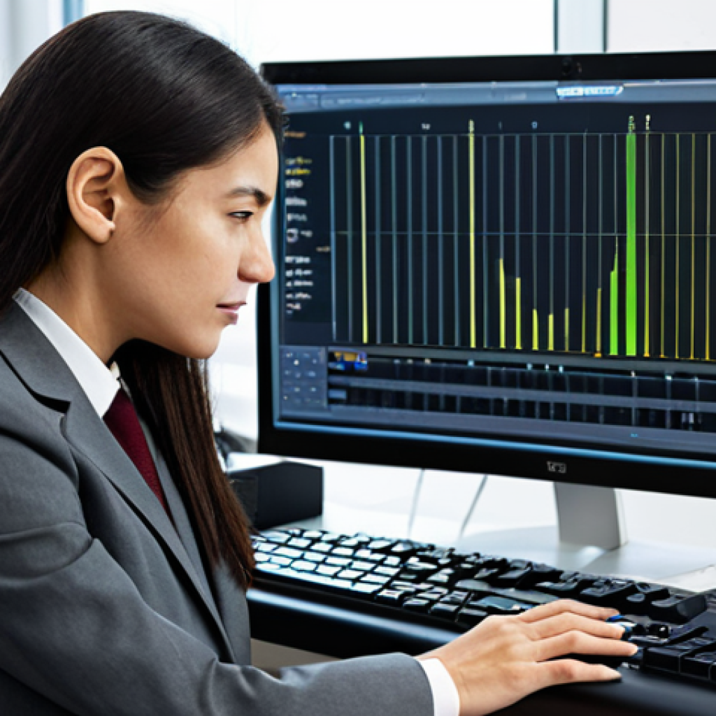 A professional forensic linguist, a woman in a modest business suit, meticulously analyzing digital audio spectrograms on a high-resolution monitor in a modern, secure laboratory. Her well-formed hands are resting naturally on a keyboard, with professional documents and graphs visible on the desk. The environment is clean and well-lit, emphasizing precision and scientific rigor. This image ensures perfect anatomy, correct proportions, and a natural pose. It is fully clothed, appropriate attire, safe for work, and family-friendly.