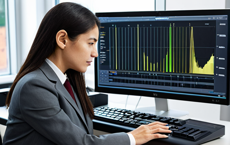 A professional forensic linguist, a woman in a modest business suit, meticulously analyzing digital audio spectrograms on a high-resolution monitor in a modern, secure laboratory. Her well-formed hands are resting naturally on a keyboard, with professional documents and graphs visible on the desk. The environment is clean and well-lit, emphasizing precision and scientific rigor. This image ensures perfect anatomy, correct proportions, and a natural pose. It is fully clothed, appropriate attire, safe for work, and family-friendly.