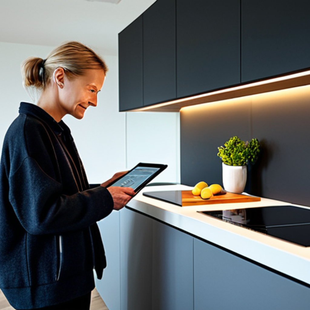 Smart Home Integration**

"A modern Dutch family kitchen. A woman in casual, appropriate clothing is interacting with a smart home tablet on the counter.  The tablet controls Philips Hue lighting, showing energy usage stats in Euros. The kitchen features a sleek design with sustainable materials.  Safe for work, appropriate content, fully clothed, professional, perfect anatomy, natural proportions, high resolution, realistic."

**