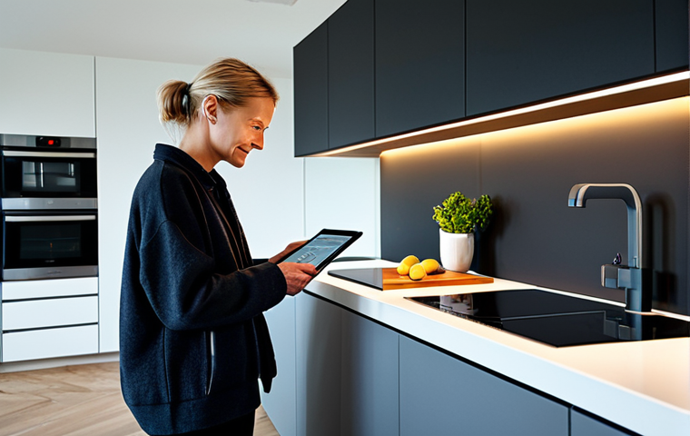 Smart Home Integration**
"A modern Dutch family kitchen. A woman in casual, appropriate clothing is interacting with a smart home tablet on the counter. The tablet controls Philips Hue lighting, showing energy usage stats in Euros. The kitchen features a sleek design with sustainable materials. Safe for work, appropriate content, fully clothed, professional, perfect anatomy, natural proportions, high resolution, realistic."
**