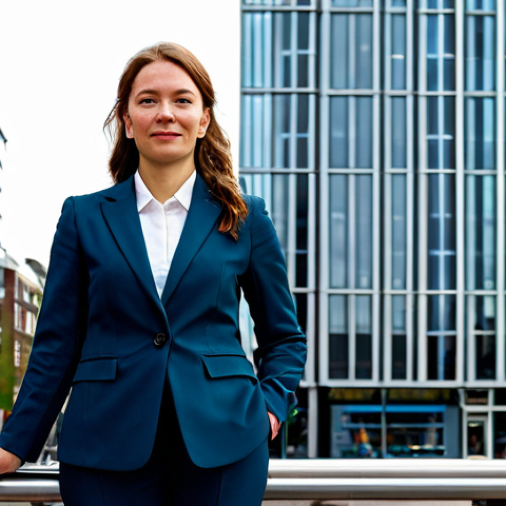조선시대 언어 변화 - A professional woman in a modest, tailored business suit, standing in front of the Zuidas business d...
