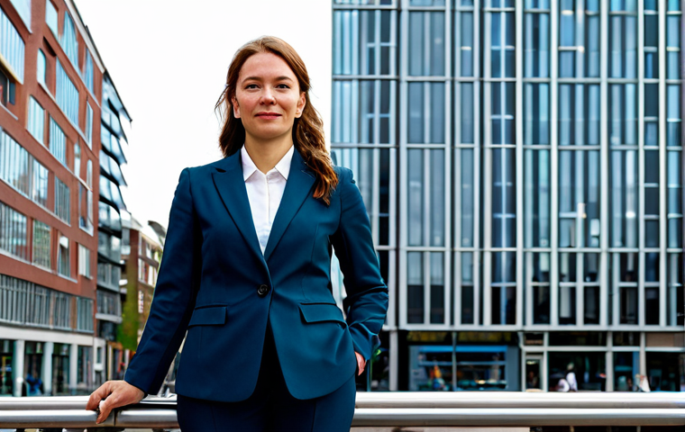 조선시대 언어 변화 - A professional woman in a modest, tailored business suit, standing in front of the Zuidas business d...