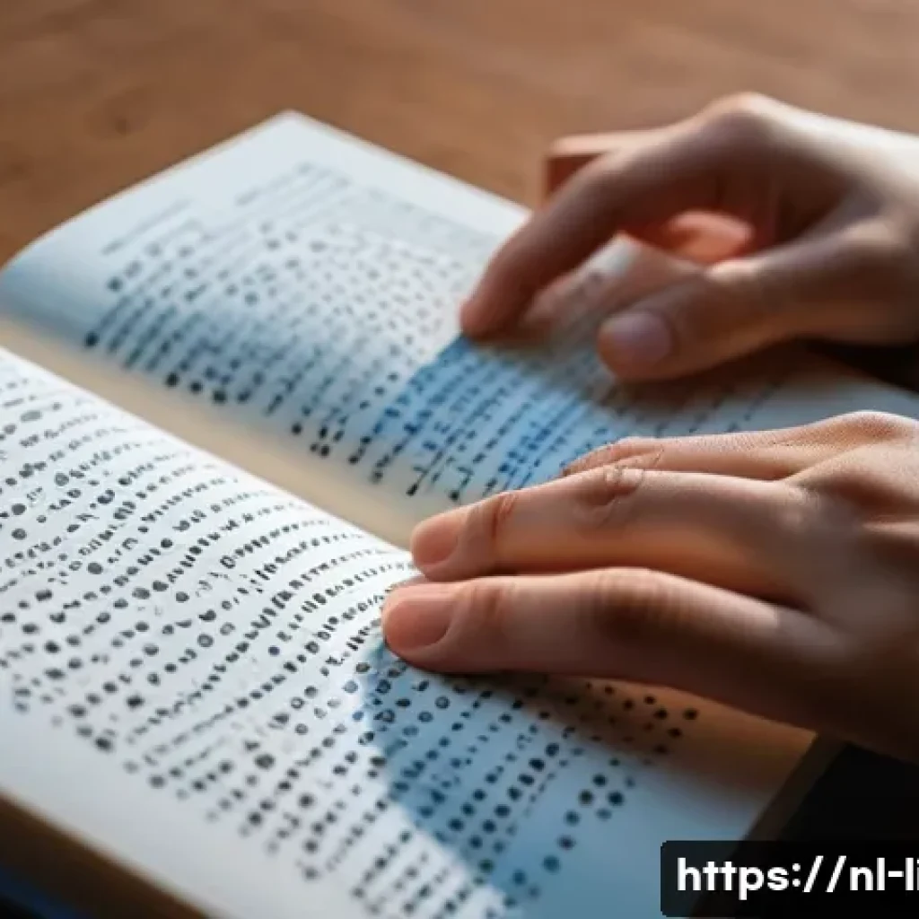 점자 언어 구조 - **Prompt: "A close-up, highly detailed shot of a young person's hands gently touching and reading a ...