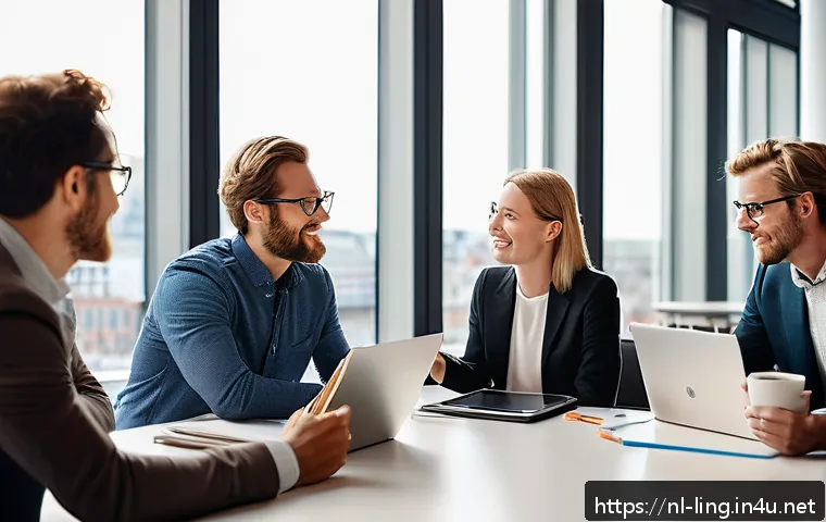 언어와 논리학 - A modern Dutch office meeting scene showing diverse professionals engaged in a discussion about lang...