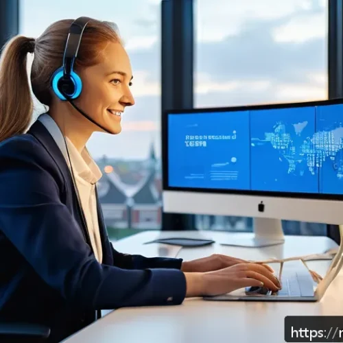 자연어 이해 NLU - A modern Dutch customer service center featuring a diverse team of professionals interacting with AI...