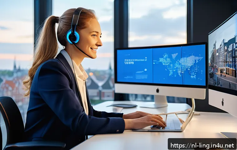 자연어 이해 NLU - A modern Dutch customer service center featuring a diverse team of professionals interacting with AI...